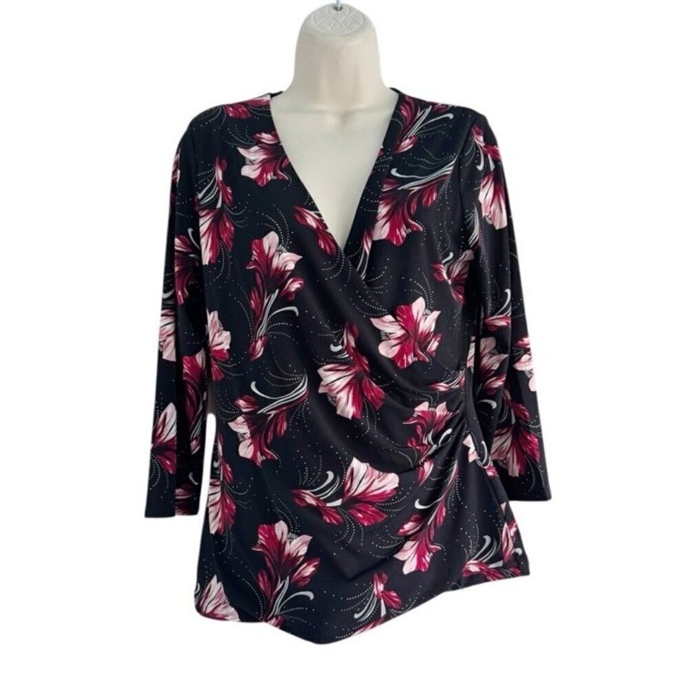 White House Black Market Women's Sz M Black Pink Floral Faux Wrap Top
